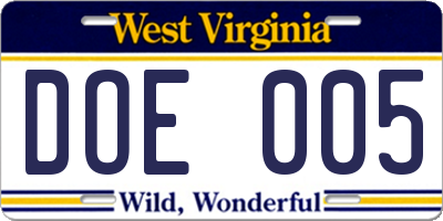 WV license plate DOE005