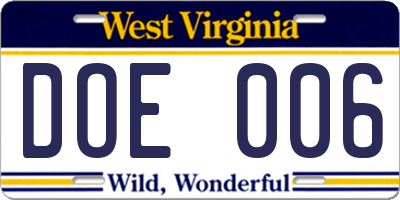 WV license plate DOE006