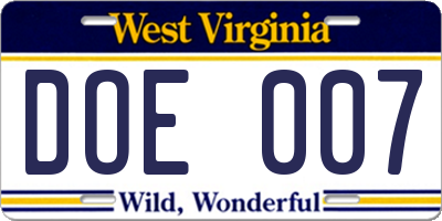 WV license plate DOE007