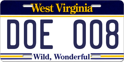 WV license plate DOE008
