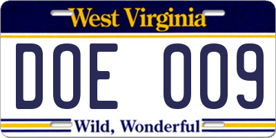 WV license plate DOE009
