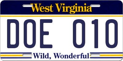 WV license plate DOE010