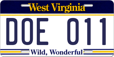 WV license plate DOE011