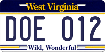 WV license plate DOE012