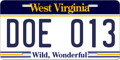 WV license plate DOE013