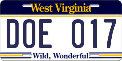WV license plate DOE017
