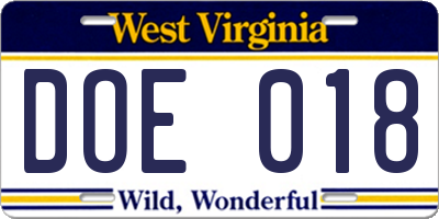 WV license plate DOE018