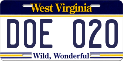 WV license plate DOE020