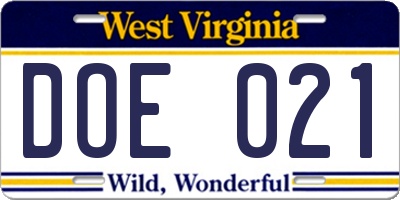 WV license plate DOE021