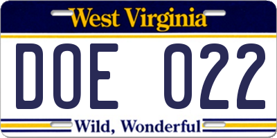 WV license plate DOE022