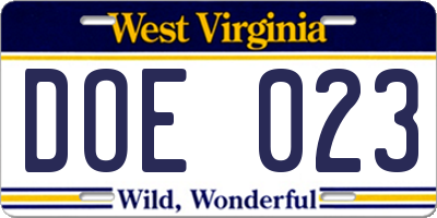 WV license plate DOE023