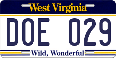WV license plate DOE029