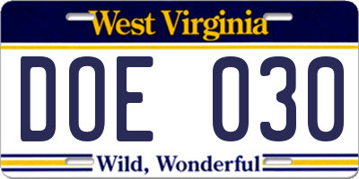 WV license plate DOE030