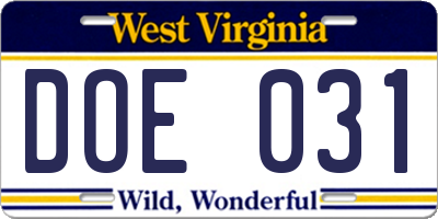 WV license plate DOE031