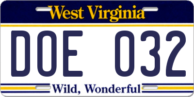 WV license plate DOE032