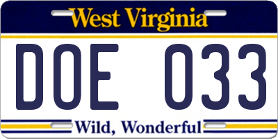WV license plate DOE033