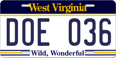 WV license plate DOE036