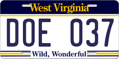 WV license plate DOE037