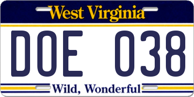 WV license plate DOE038