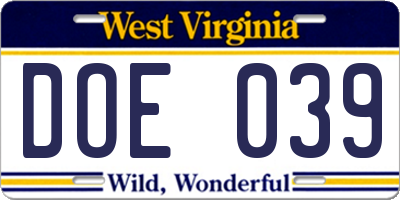 WV license plate DOE039