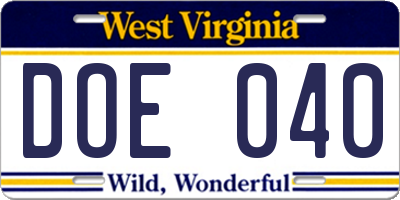 WV license plate DOE040