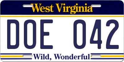 WV license plate DOE042