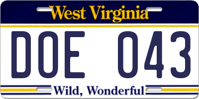 WV license plate DOE043