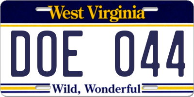 WV license plate DOE044