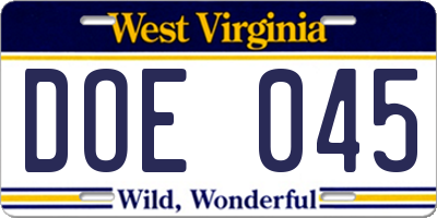 WV license plate DOE045