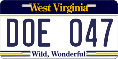 WV license plate DOE047