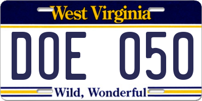 WV license plate DOE050