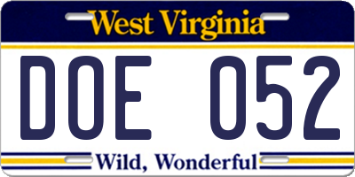 WV license plate DOE052