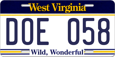 WV license plate DOE058