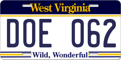 WV license plate DOE062