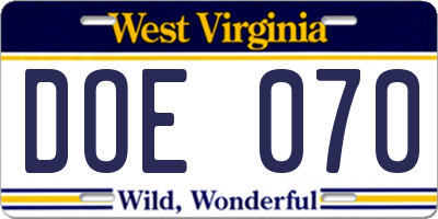 WV license plate DOE070