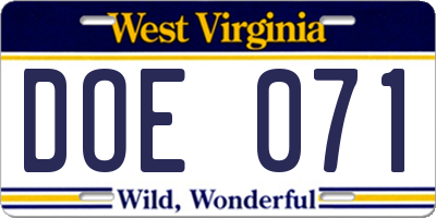 WV license plate DOE071