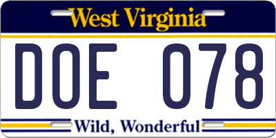 WV license plate DOE078