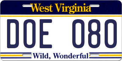 WV license plate DOE080