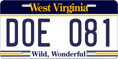 WV license plate DOE081