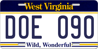 WV license plate DOE090