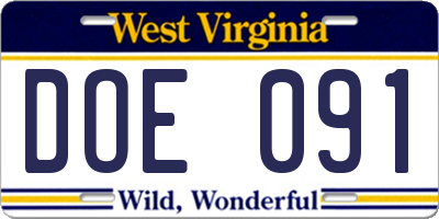 WV license plate DOE091