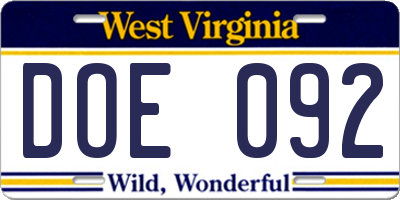 WV license plate DOE092