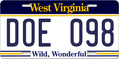 WV license plate DOE098