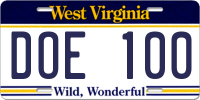 WV license plate DOE100