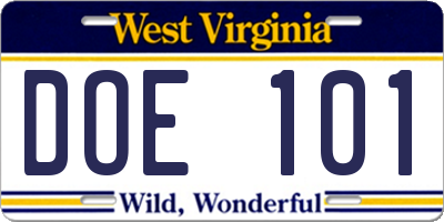 WV license plate DOE101
