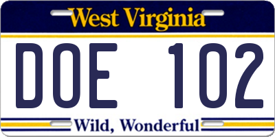 WV license plate DOE102