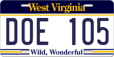 WV license plate DOE105