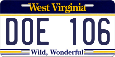 WV license plate DOE106