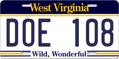 WV license plate DOE108