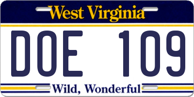 WV license plate DOE109